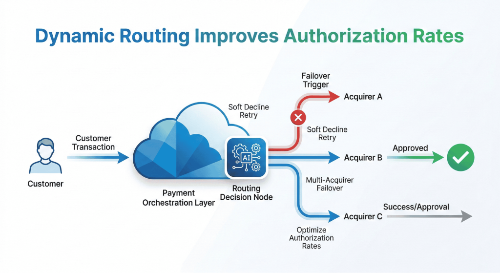 Diagram showing dynamic payment routing sending transactions to multiple acquirers for approval.